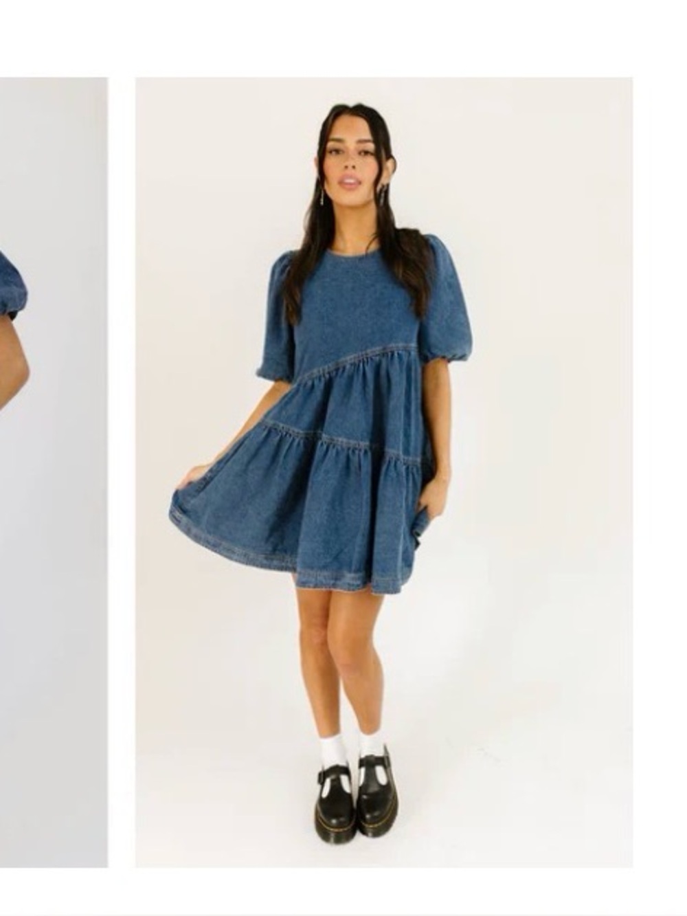 Tiered Denim Mini Dress with Puff Sleeves - Blue